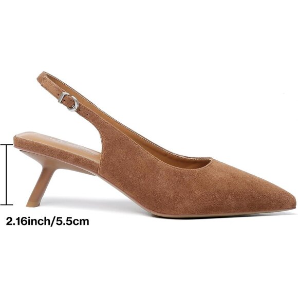 Mostrin Kitten Heels Brown Suede Low Slingback Heels with Buckle Dress Shoes - Picture 2 of 9